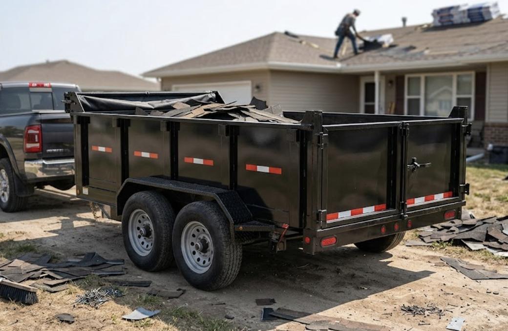 Dump trailer loaded with shingle tear-off debris on a roofing job
